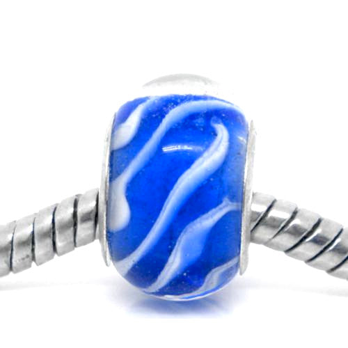 Large Hole Glass Beads, Transparent, Royal Blue, White, Striped, Rondelle, 14x10mm - BEADED CREATIONS