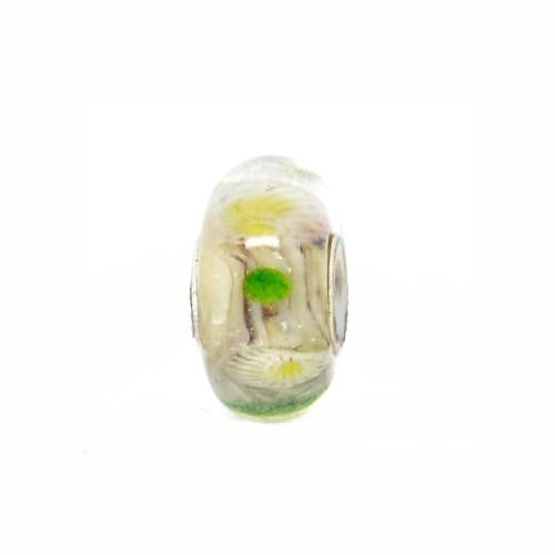 Large Hole Glass Beads, Transparent, Yellow, Green, Floral, Rondelle, 14x10mm - BEADED CREATIONS