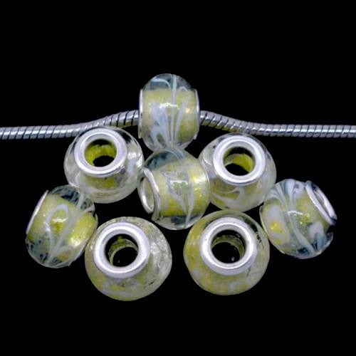 Large Hole Glass Beads, Transparent, Yellow, White, Rondelle, 14x10mm - BEADED CREATIONS