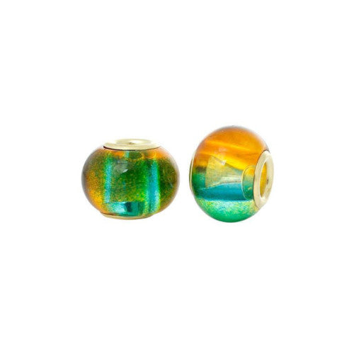 Large Hole Glass Beads, Yellow, Teal, Two-Tone, Gold Plated Core, Rondelle, 15x12mm - BEADED CREATIONS