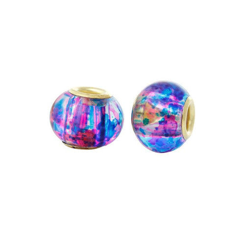 Large Hole Glass Beads, Blue, Pink, Mottled, Gold Plated Core, Rondelle, 14x11mm - BEADED CREATIONS