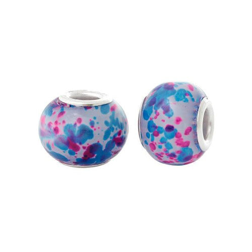 Large Hole Glass Beads, Blue, Pink, Mottled, Silver Plated Core, Rondelle, 14x11mm - BEADED CREATIONS