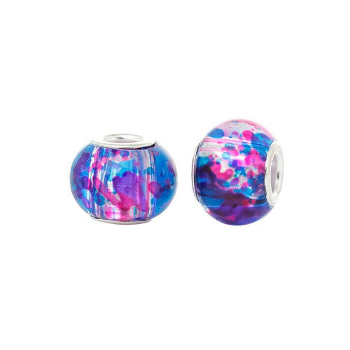 Large Hole Glass Beads, Fuchsia, Blue, Mottled, Silver Plated Core, Rondelle, 14x11mm - BEADED CREATIONS