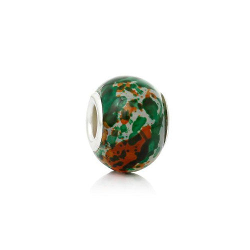 Large Hole Glass Beads, Green, Orange, Mottled, Silver Plated Core, Rondelle, 14x11mm - BEADED CREATIONS