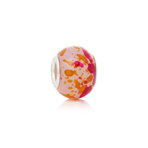 Large Hole Glass Beads, Pink, Orange, Mottled, Silver Plated Core, Rondelle, 14x11mm - BEADED CREATIONS