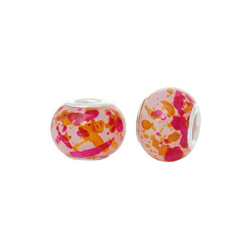 Large Hole Glass Beads, Pink, Orange, Mottled, Silver Plated Core, Rondelle, 14x11mm - BEADED CREATIONS