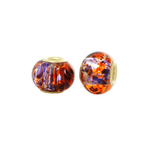 Large Hole Glass Beads, Purple, Orange, Mottled, Gold Plated Core, Rondelle, 14x11mm - BEADED CREATIONS