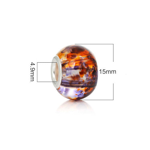 Large Hole Glass Beads, Purple, Orange, Mottled, Silver Plated Core, Rondelle, 14x11mm - BEADED CREATIONS