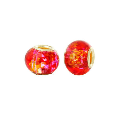 Large Hole Glass Beads, Red, Yellow, Mottled, Gold Plated Core, Rondelle, 14x11mm - BEADED CREATIONS