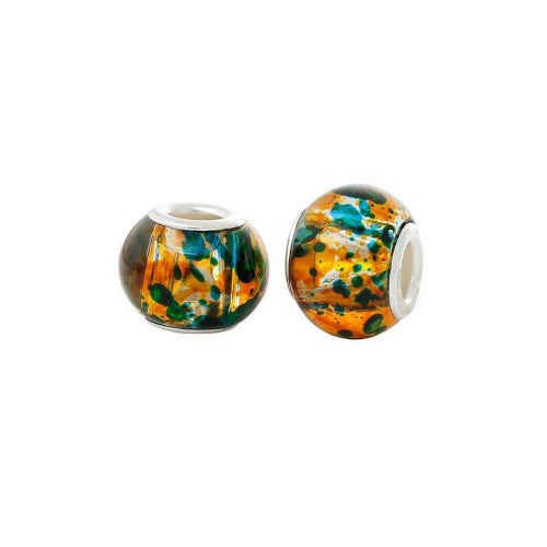 Large Hole Glass Beads, Teal, Orange, Mottled, Silver Plated Core, Rondelle, 14x11mm - BEADED CREATIONS