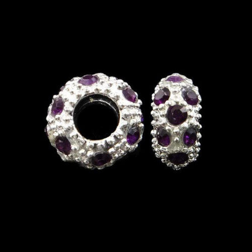 Large Hole Metal Beads, Amethyst, Rhinestones, Pave, Silver Tone, Alloy, Rondelle, 11mm - BEADED CREATIONS