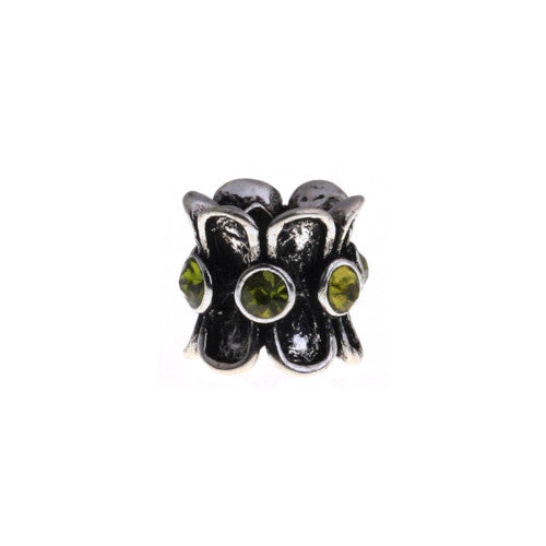 Large Hole Metal Beads, Antique Silver, Alloy, Green Rhinestones, Cylinder, Charm Beads, 10mm - BEADED CREATIONS