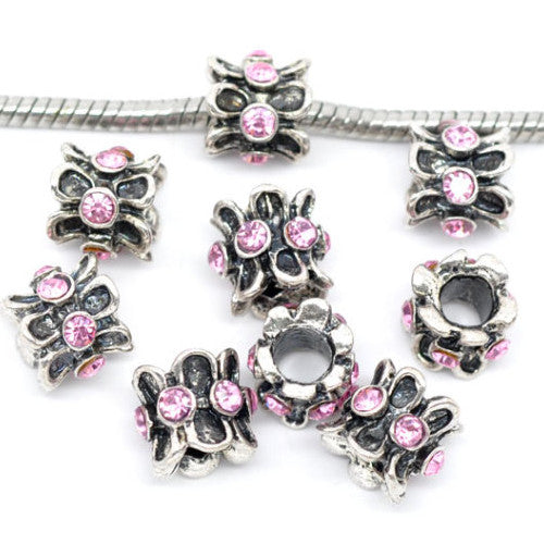Large Hole Metal Beads, Antique Silver, Alloy, Pink Rhinestones, Cylinder, Charm Beads, 10mm - BEADED CREATIONS