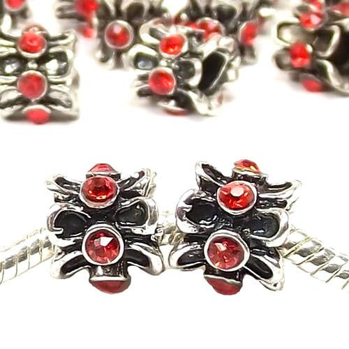 Large Hole Metal Beads, Antique Silver, Alloy, Red Rhinestones, Cylinder, Charm Beads, 10mm - BEADED CREATIONS