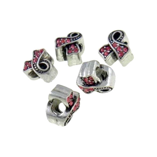 Large Hole Metal Beads, Awareness Ribbon, Antique Silver, Alloy, Crystal, Fuchsia, Rhinestones, 12mm - BEADED CREATIONS