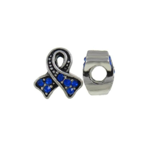 Large Hole Metal Beads, Awareness Ribbon, Antique Silver, Alloy, Crystal, Royal Blue, Rhinestones, 12mm - BEADED CREATIONS