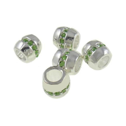 Large Hole Metal Beads, Barrel, Silver Plated, Alloy, Crystal, Green, Rhinestones, Charm Beads, 10mm - BEADED CREATIONS