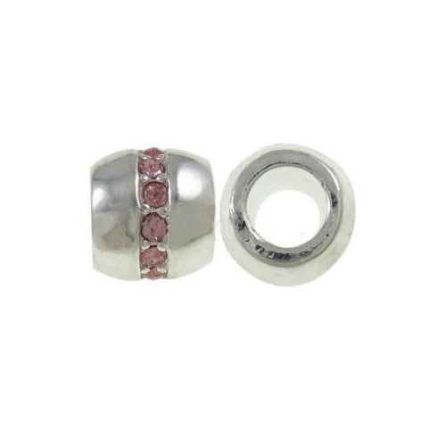 Large Hole Metal Beads, Barrel, Silver Plated, Alloy, Crystal, Pink, Rhinestones, Charm Beads, 10mm - BEADED CREATIONS