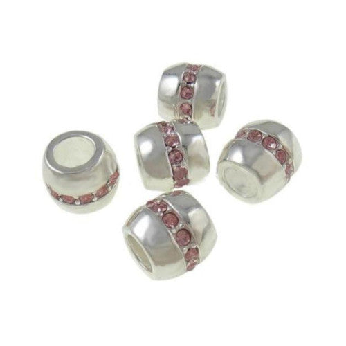 Large Hole Metal Beads, Barrel, Silver Plated, Alloy, Crystal, Pink, Rhinestones, Charm Beads, 10mm - BEADED CREATIONS