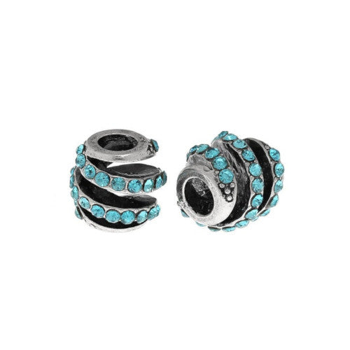 Large Hole Metal Beads, Barrel, Spiral, Blue, Rhinestones, Antique Silver, Alloy, Charm Beads, 11mm - BEADED CREATIONS