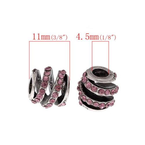 Large Hole Metal Beads, Barrel, Spiral, Pink, Rhinestones, Antique Silver, Alloy, Charm Beads, 11mm - BEADED CREATIONS