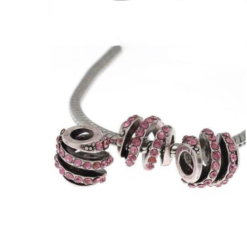 Large Hole Metal Beads, Barrel, Spiral, Pink, Rhinestones, Antique Silver, Alloy, Charm Beads, 11mm - BEADED CREATIONS