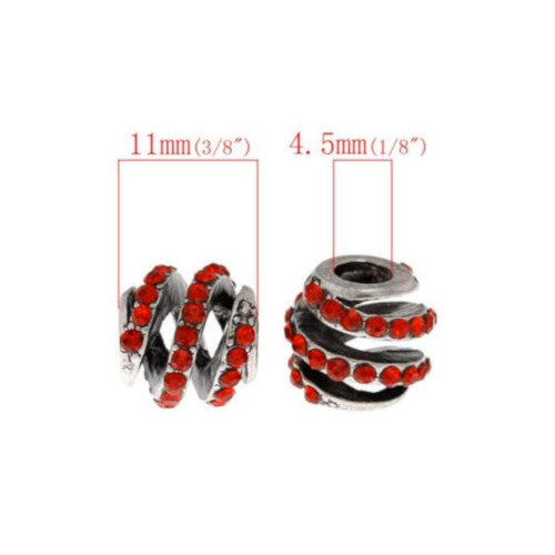 Large Hole Metal Beads, Barrel, Spiral, Red, Rhinestones, Antique Silver, Alloy, Charm Beads, 11mm - BEADED CREATIONS