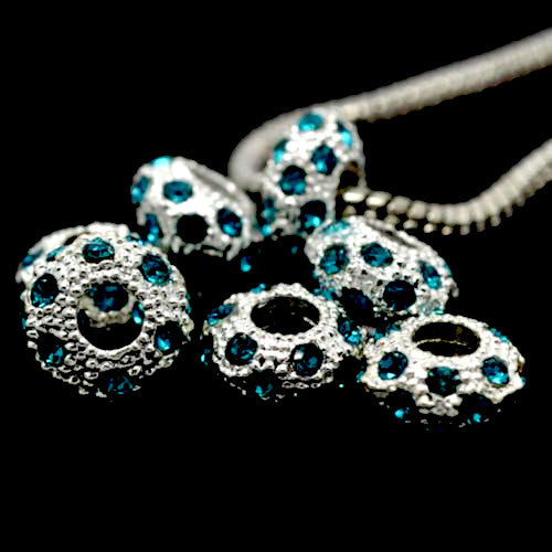 Large Hole Metal Beads, Blue, Rhinestones, Pave, Silver Tone, Alloy, Rondelle, 11mm - BEADED CREATIONS