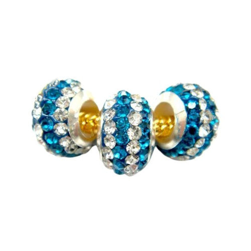 Large Hole Metal Beads, Blue, Rhinestones, Pave, Silver Tone, Alloy, Rondelle, 12mm - BEADED CREATIONS