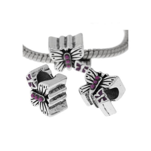 Large Hole Metal Beads, Butterfly, Purple, Faux Pearls, Enamel, Antique Silver, Alloy, Charm Beads, 11mm - BEADED CREATIONS