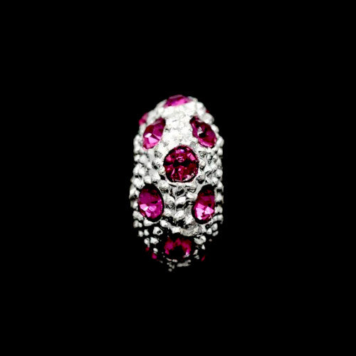 Large Hole Metal Beads, Fuchsia, Rhinestones, Pave, Silver Tone, Alloy, Rondelle, 11mm - BEADED CREATIONS