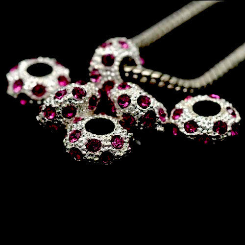 Large Hole Metal Beads, Fuchsia, Rhinestones, Pave, Silver Tone, Alloy, Rondelle, 11mm - BEADED CREATIONS