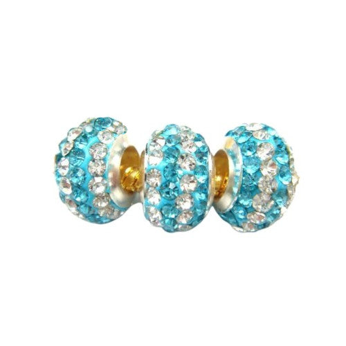 Large Hole Metal Beads, Light Blue, Rhinestones, Pave, Silver Tone, Alloy, Rondelle, 12mm - BEADED CREATIONS
