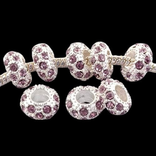 Large Hole Metal Beads, Lilac, Rhinestones, Pave, Silver Tone, Alloy, Rondelle, 11mm - BEADED CREATIONS