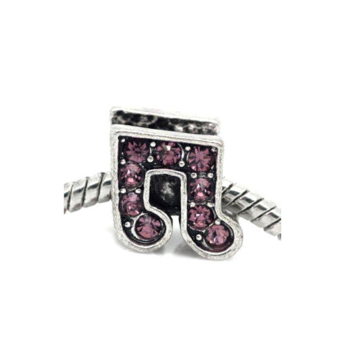 Large Hole Metal Beads, Music Note, Antique Silver, Alloy, Crystal, Pink, Rhinestones, Charm Beads, 12mm - BEADED CREATIONS
