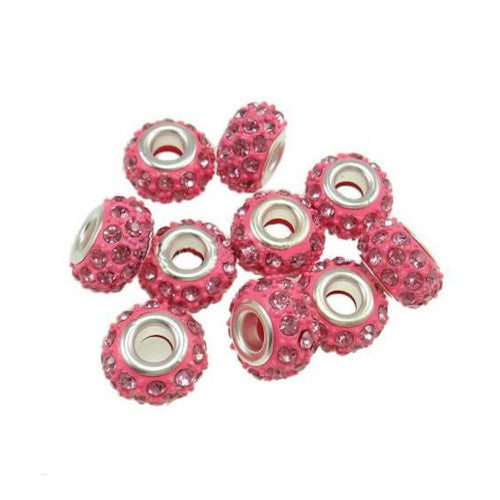 Large Hole Metal Beads, Pink, Rhinestones, Pave, Silver Tone, Alloy, Rondelle, 14mm - BEADED CREATIONS