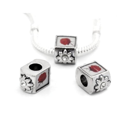 Large Hole Metal Beads, Rectangle, Red, Rose, Decal, Antique Silver, Alloy, 15.5mm - BEADED CREATIONS