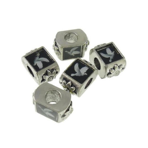 Large Hole Metal Beads, Rectangle, White, Dove, Decal, Antique Silver, Alloy, 15.5mm - BEADED CREATIONS