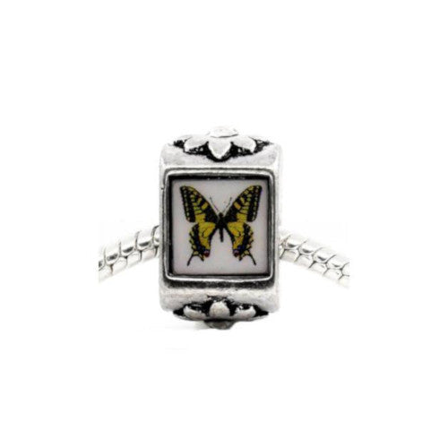 Large Hole Metal Beads, Rectangle, Yellow, Butterfly, Decal, Antique Silver, Alloy, 15.5mm - BEADED CREATIONS
