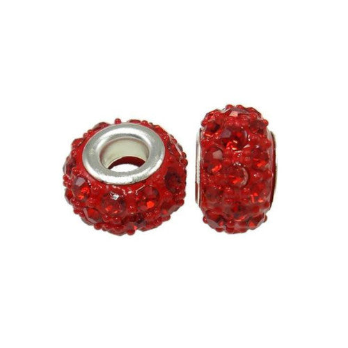 Large Hole Metal Beads, Red, Rhinestones, Pave, Silver Tone, Alloy, Rondelle, 14mm - BEADED CREATIONS