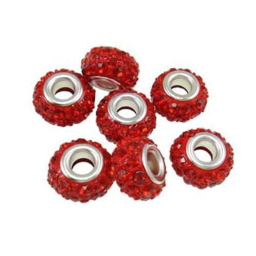 Large Hole Metal Beads, Red, Rhinestones, Pave, Silver Tone, Alloy, Rondelle, 14mm - BEADED CREATIONS