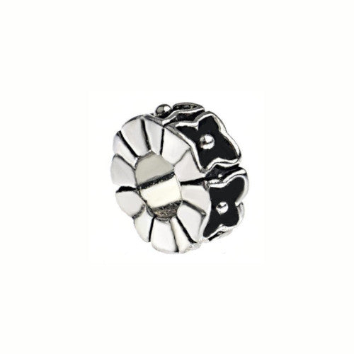 Large Hole Metal Beads, Rondelle, Raised, Floral, Black, Enamel, Silver Plated, Alloy, Charm Beads, 12mm - BEADED CREATIONS