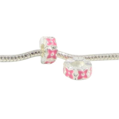 Large Hole Metal Beads, Rondelle, Raised, Floral, Pink, Enamel, Silver Plated, Alloy, Charm Beads, 12mm - BEADED CREATIONS