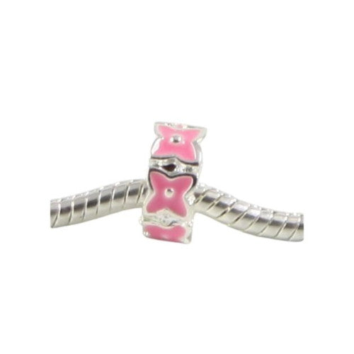 Large Hole Metal Beads, Rondelle, Raised, Floral, Pink, Enamel, Silver Plated, Alloy, Charm Beads, 12mm - BEADED CREATIONS