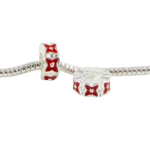 Large Hole Metal Beads, Rondelle, Raised, Floral, Red, Enamel, Silver Plated, Alloy, Charm Beads, 12mm - BEADED CREATIONS