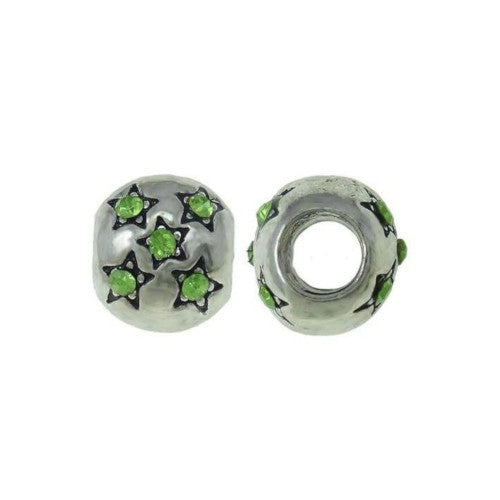 Large Hole Metal Beads, Star, Green, Rhinestone, Antique Silver, Alloy, Charm Beads, 10mm - BEADED CREATIONS