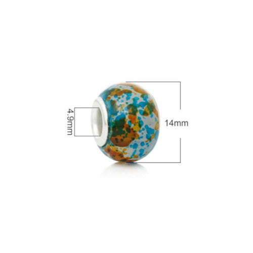 Large Hole Glass Beads, Aqua Blue, Orange, Mottled, 14mm - BEADED CREATIONS