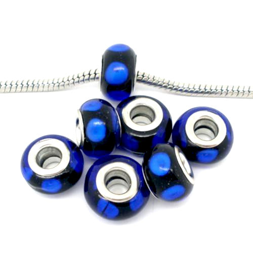 Large Hole Glass Beads, Black, Royal Blue, Spots, 14mm - BEADED CREATIONS