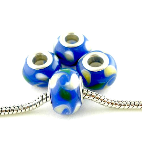 Large Hole Glass Beads, Blue, White, Yellow, Green, Swirl, 14mm - BEADED CREATIONS
