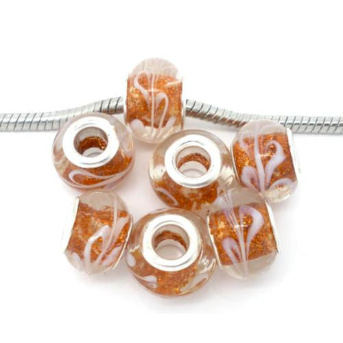 Large Hole Glass Beads, Clear, Gold Glitter, With White Leaf, 14mm - BEADED CREATIONS